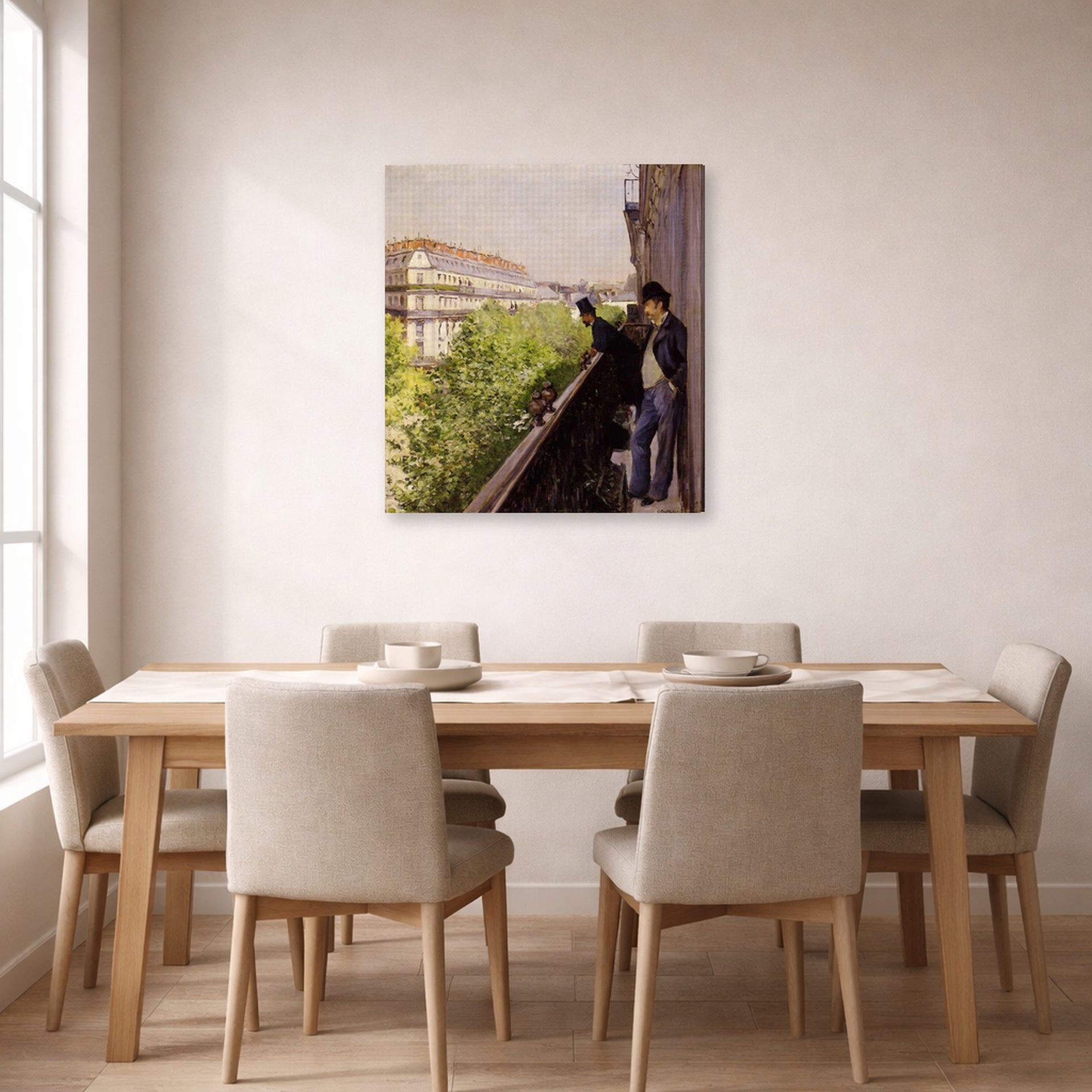 Gallery-wrapped canvas print of Gustave Caillebotte's Un balcon displayed on a wall in a dining