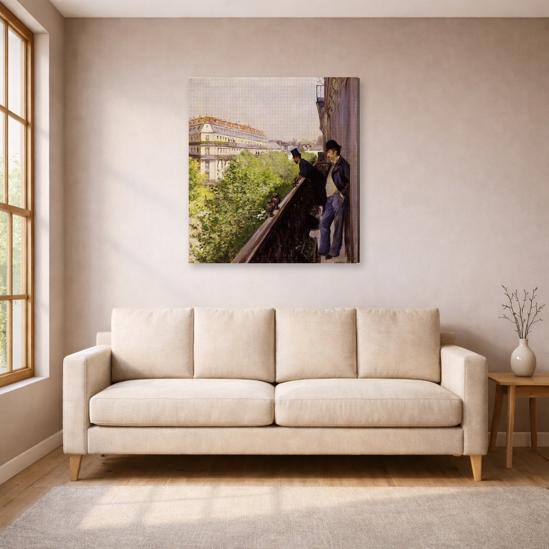 Gallery-wrapped canvas print of Gustave Caillebotte's Un balcon displayed on a wall in a living room