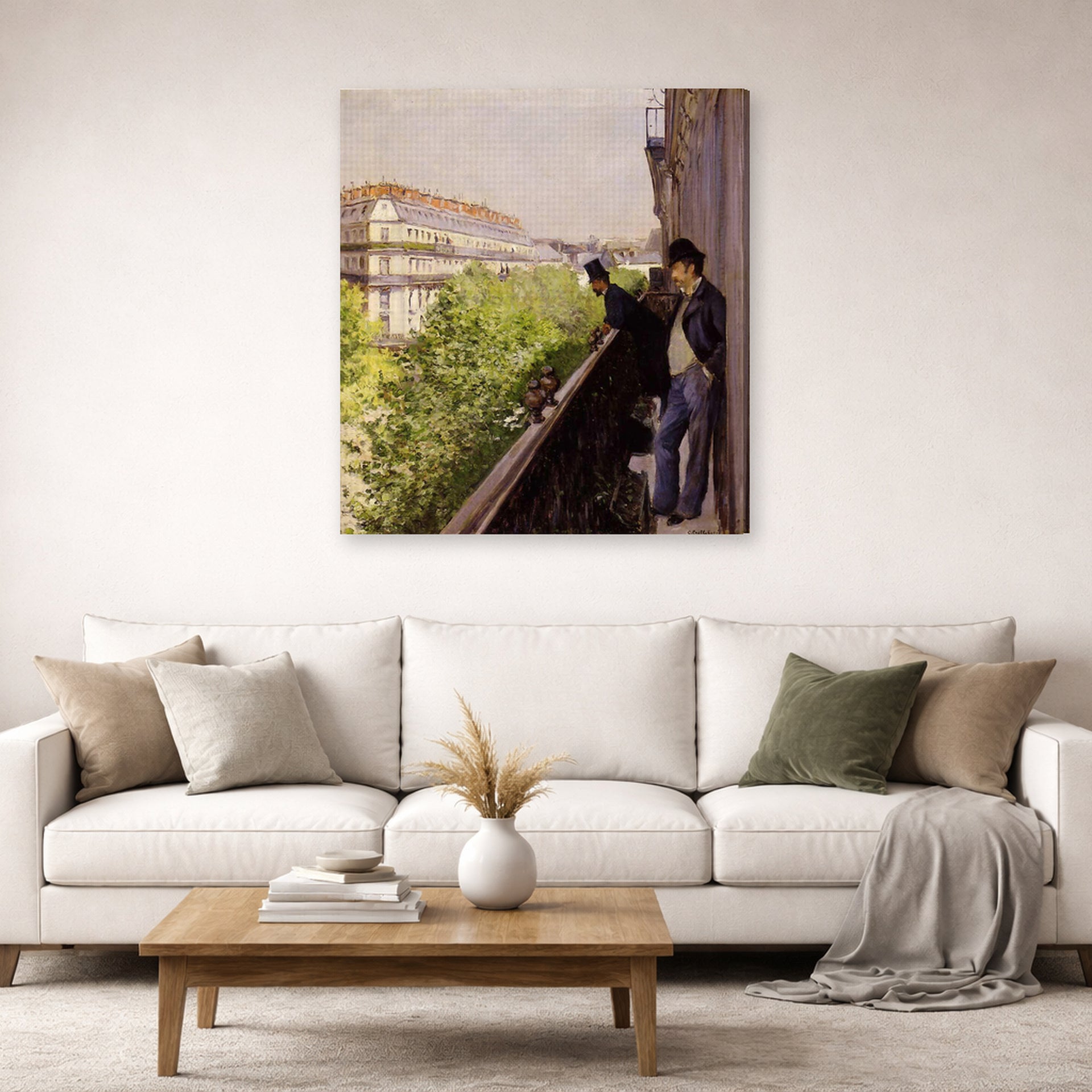 Gallery-wrapped canvas print of Gustave Caillebotte's Un balcon displayed on a wall in a living room