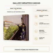 Gustave Caillebotte - Un balcon gallery wrap canvas construction and hanging details infographic