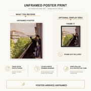 Gustave Caillebotte - Un balcon poster print size comparison and framing display infographic