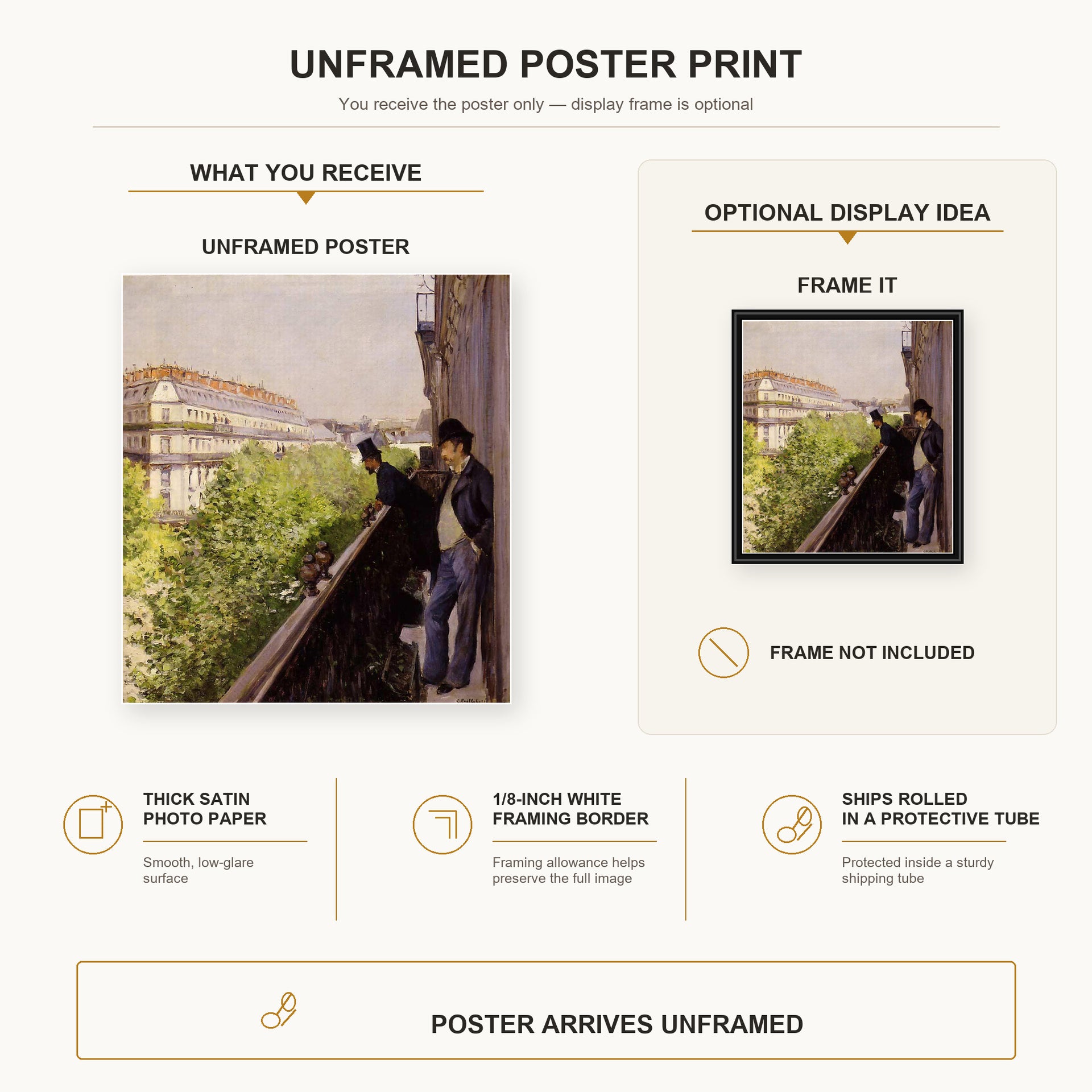 Gustave Caillebotte - Un balcon poster print size comparison and framing display infographic