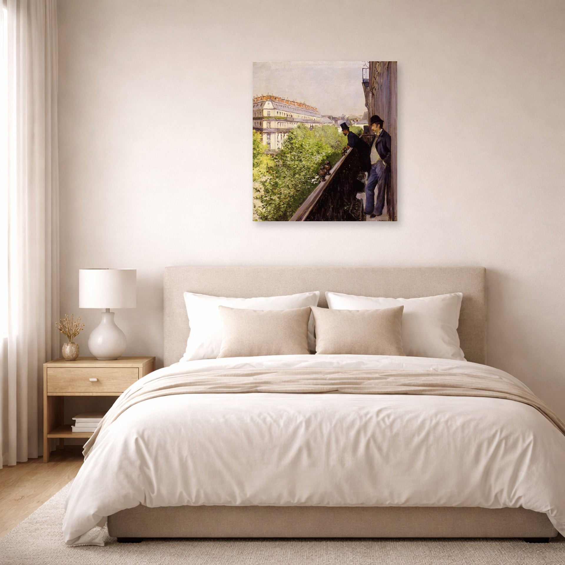 Unframed poster print of Gustave Caillebotte's Un balcon displayed on a wall in a bedroom