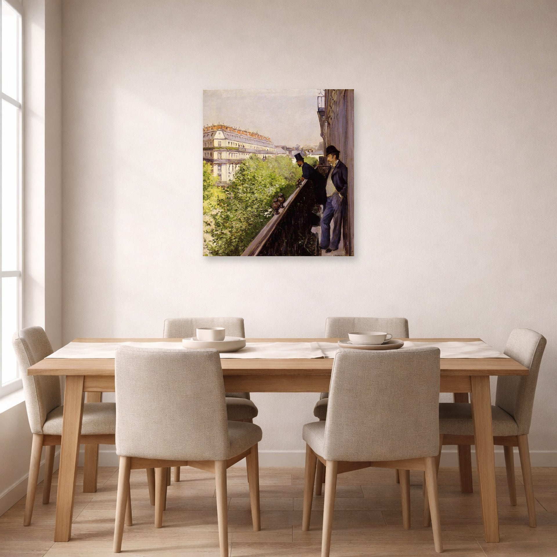 Unframed poster print of Gustave Caillebotte's Un balcon displayed on a wall in a dining