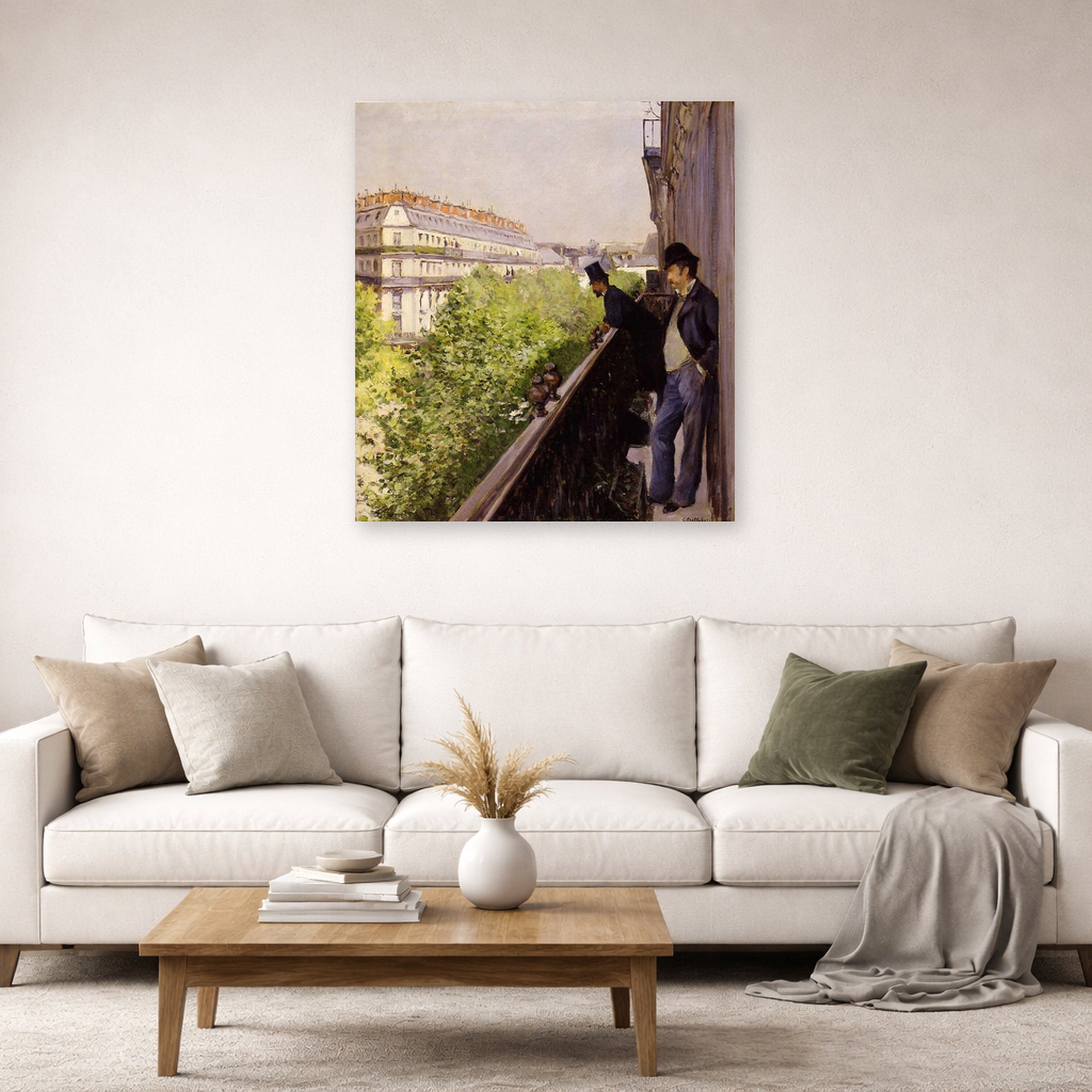 Unframed poster print of Gustave Caillebotte's Un balcon displayed on a wall in a living room