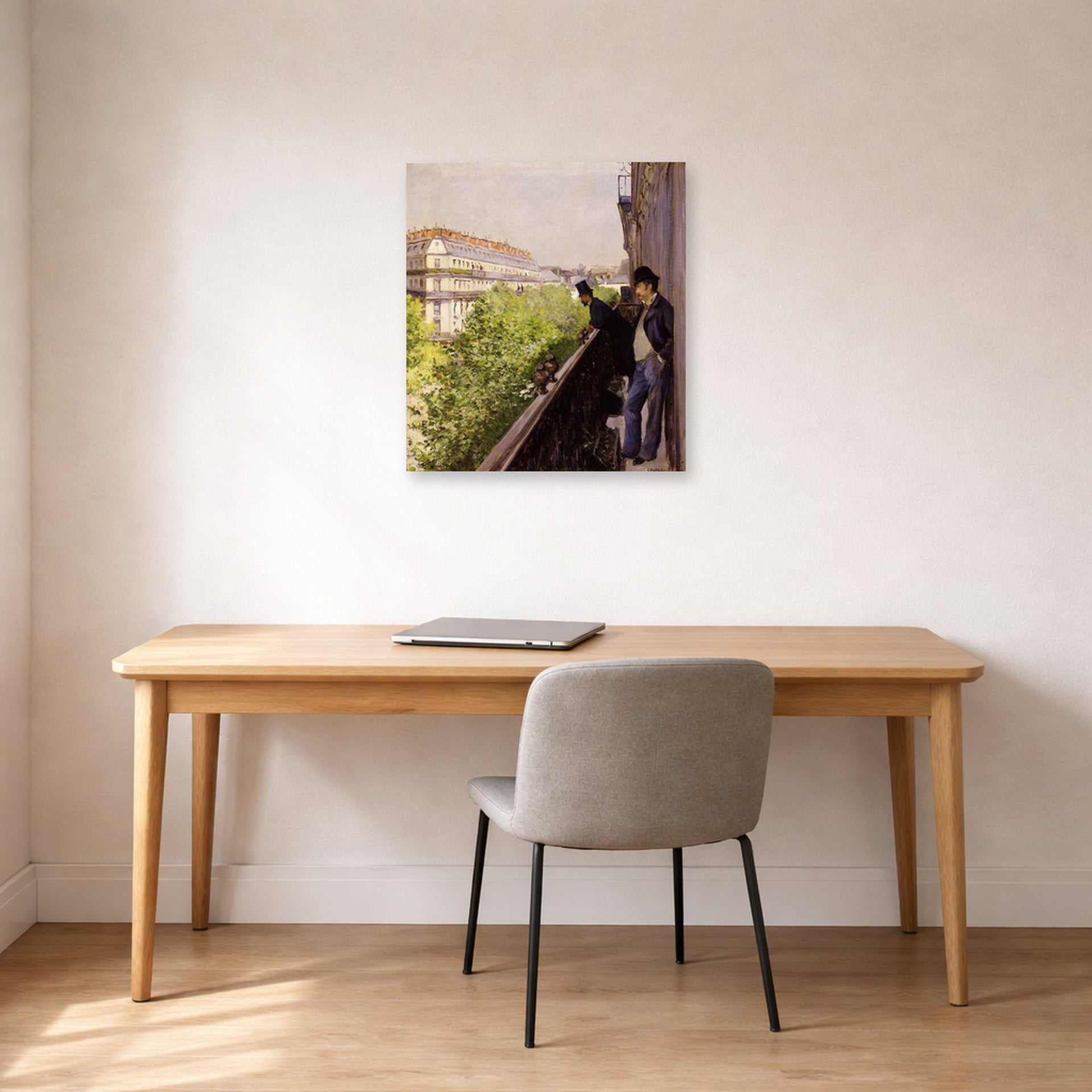 Unframed poster print of Gustave Caillebotte's Un balcon displayed on a wall in a office