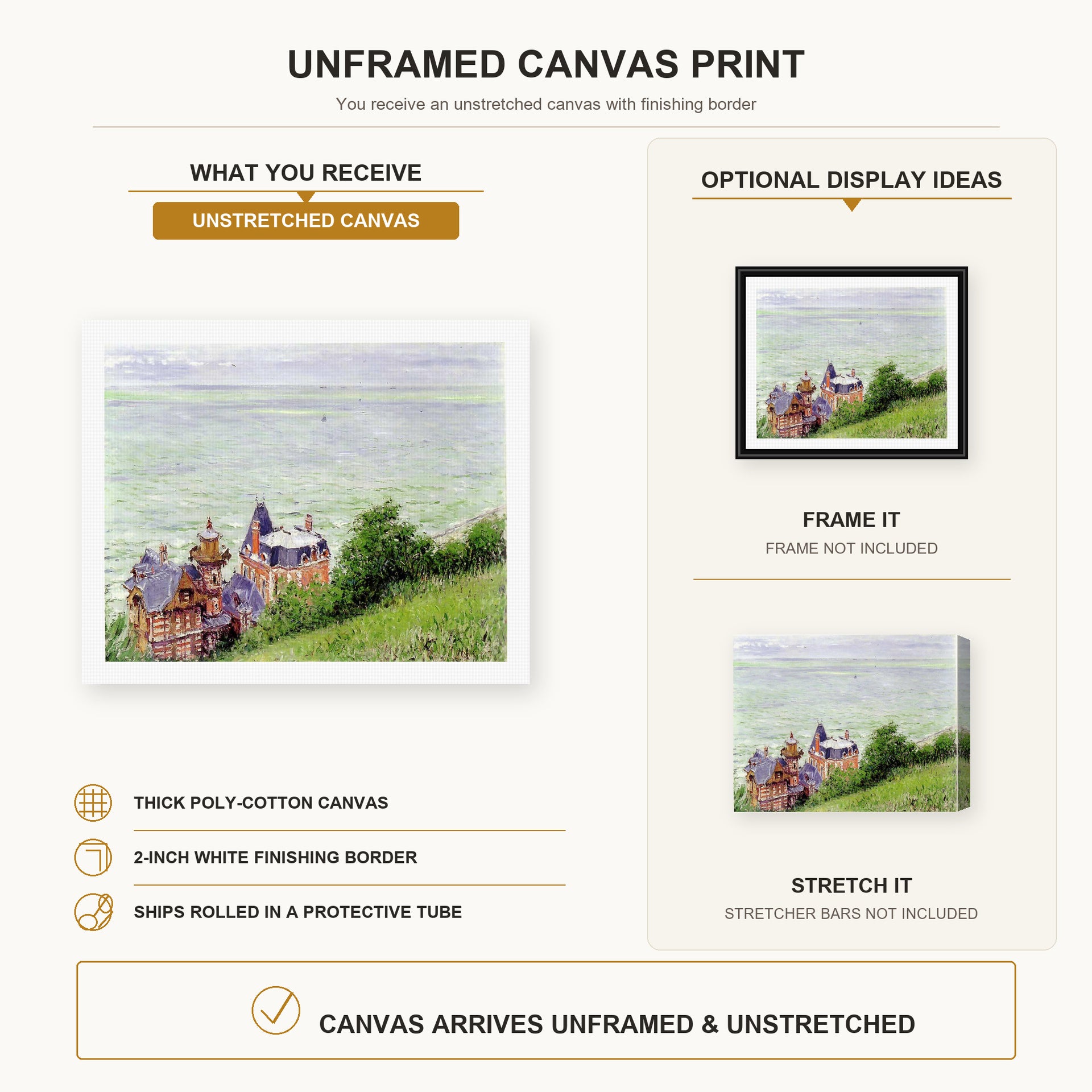 Gustave Caillebotte - Villas à Trouville canvas print size comparison and framing display infographic