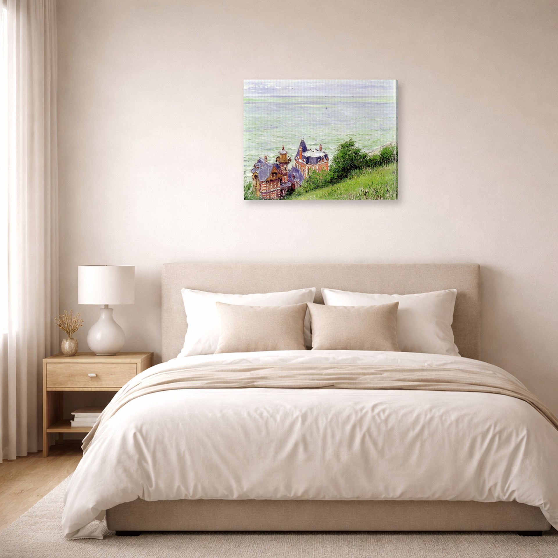 Gallery-wrapped canvas print of Gustave Caillebotte's Villas à Trouville displayed on a wall in a bedroom