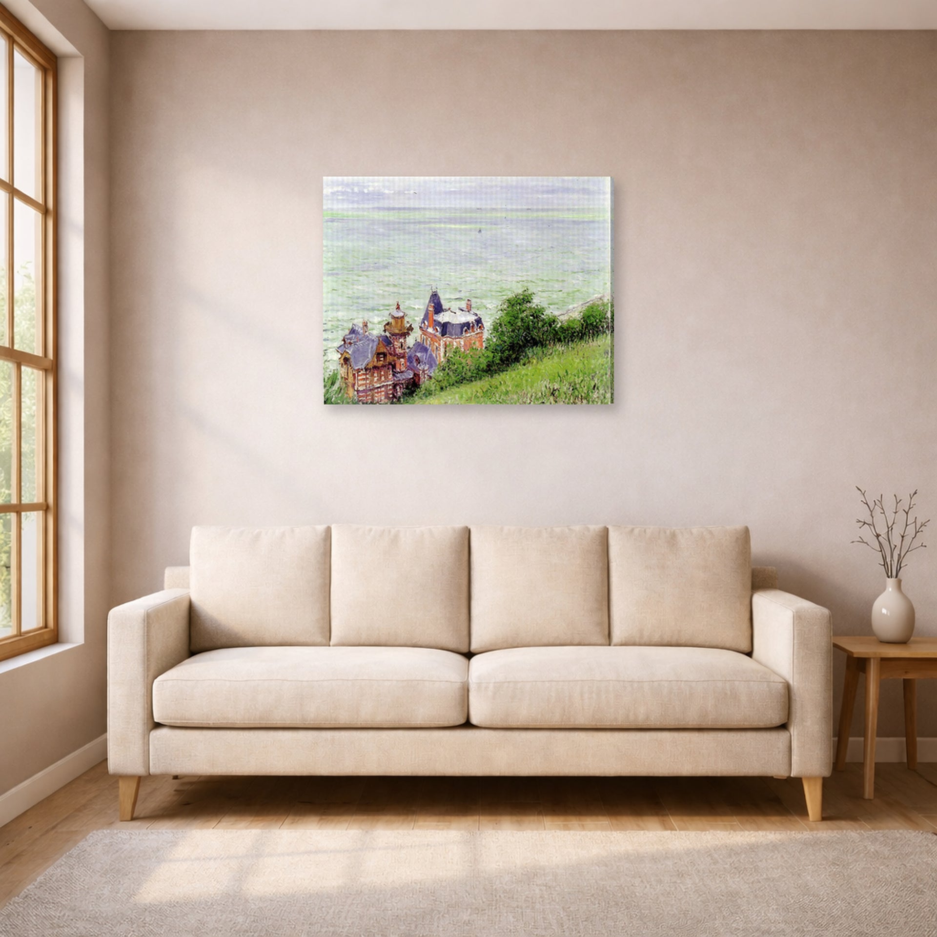 Gallery-wrapped canvas print of Gustave Caillebotte's Villas à Trouville displayed on a wall in a living room
