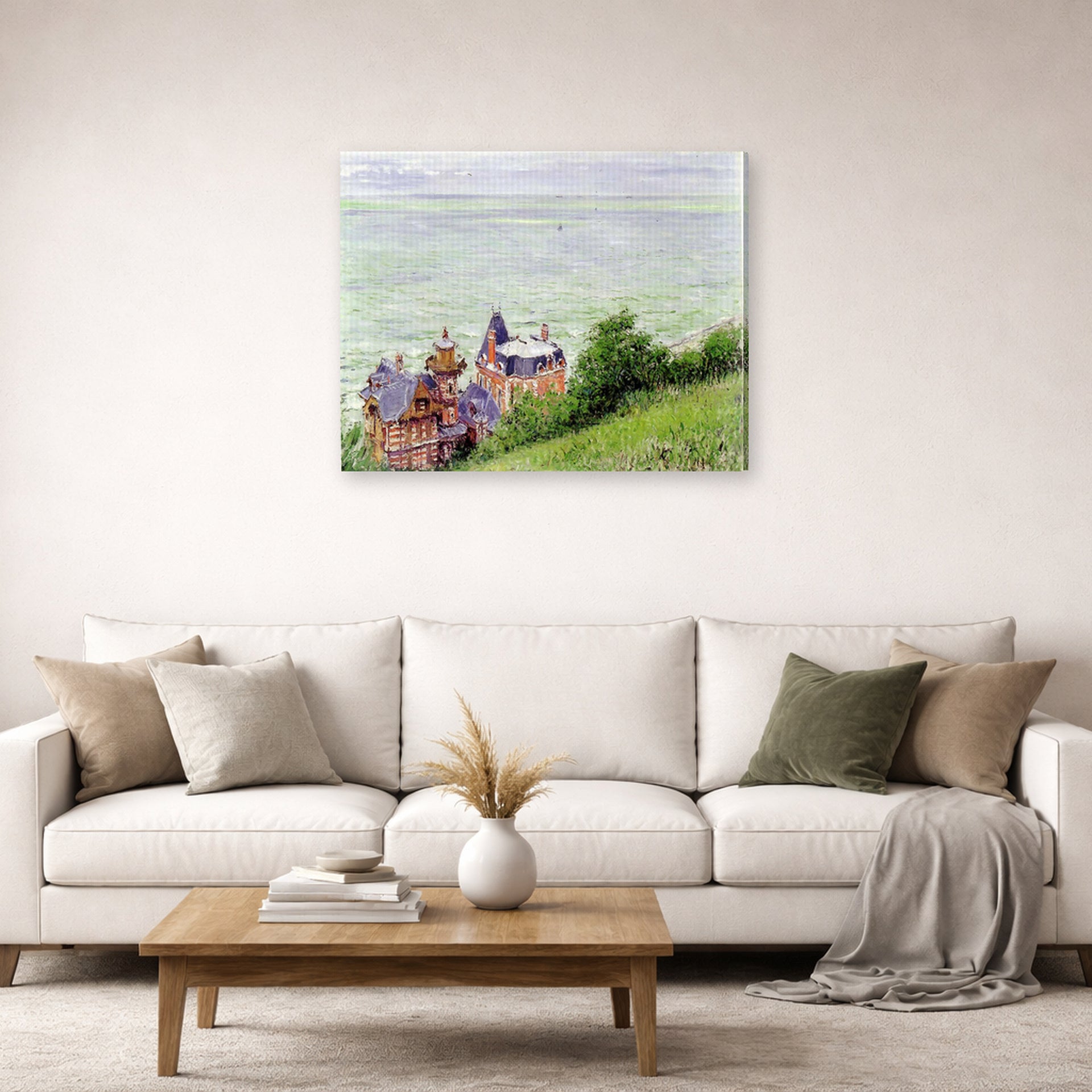 Gallery-wrapped canvas print of Gustave Caillebotte's Villas à Trouville displayed on a wall in a living room