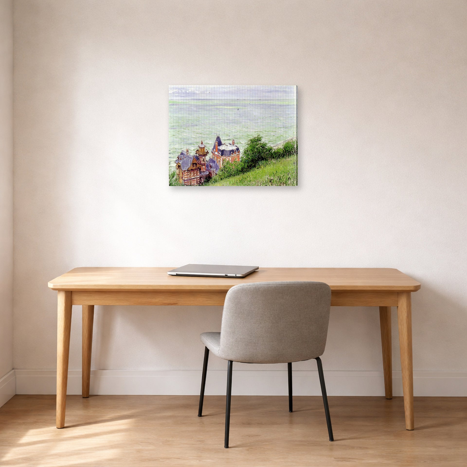 Gallery-wrapped canvas print of Gustave Caillebotte's Villas à Trouville displayed on a wall in a office