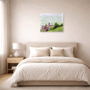 Unframed poster print of Gustave Caillebotte's Villas à Trouville displayed on a wall in a bedroom