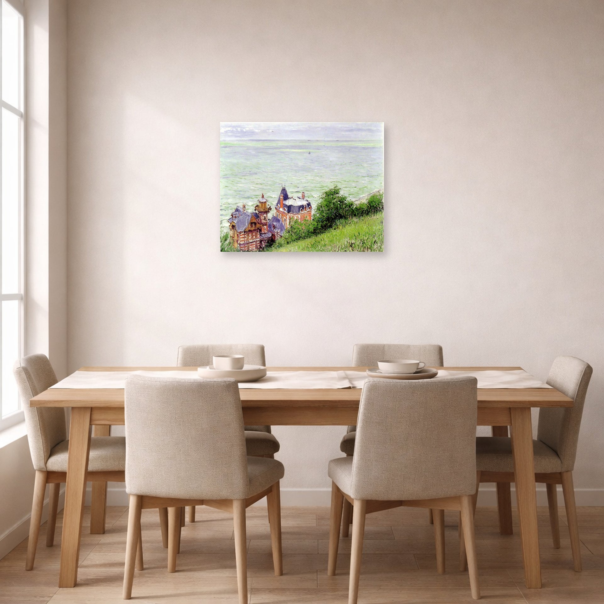 Unframed poster print of Gustave Caillebotte's Villas à Trouville displayed on a wall in a dining