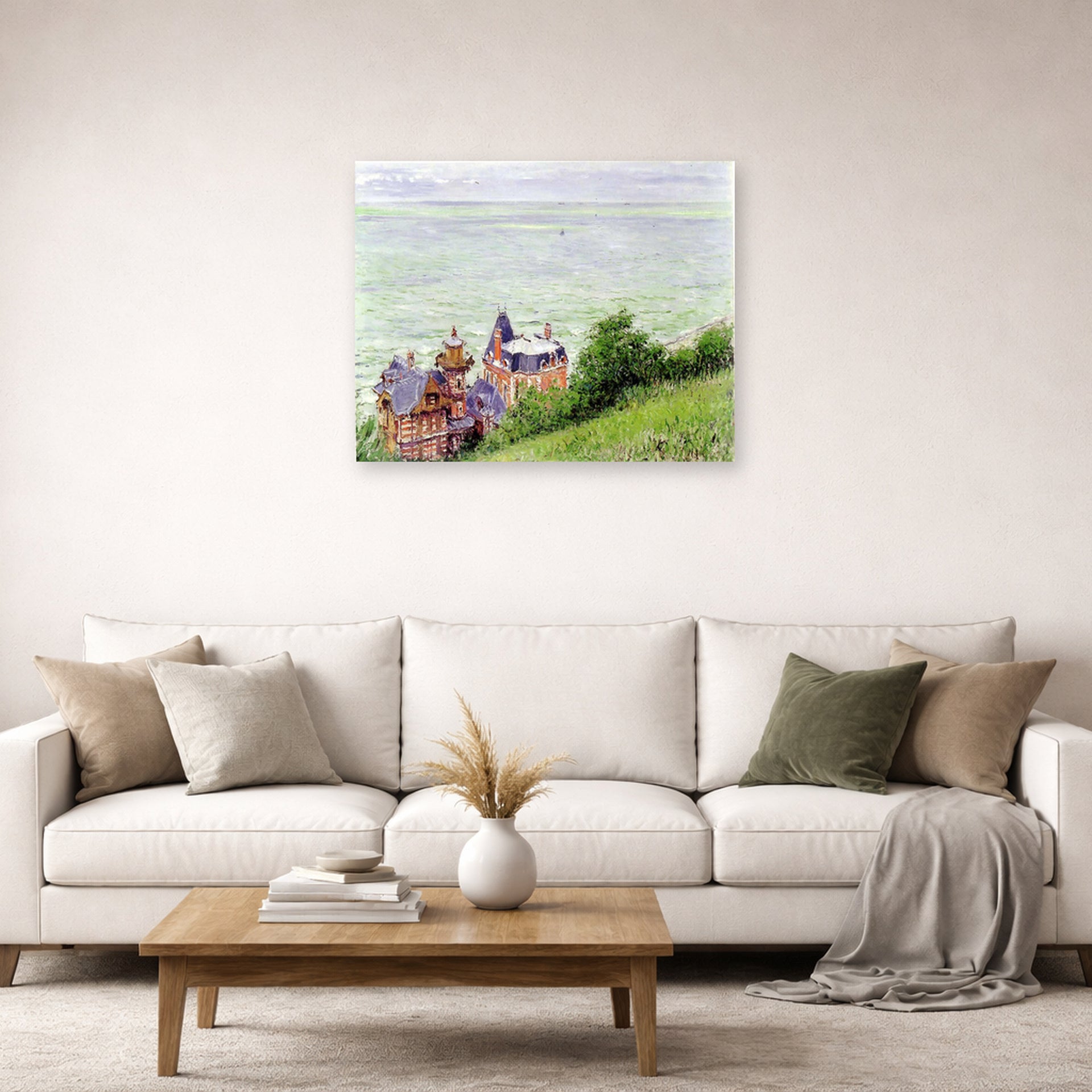 Unframed poster print of Gustave Caillebotte's Villas à Trouville displayed on a wall in a living room
