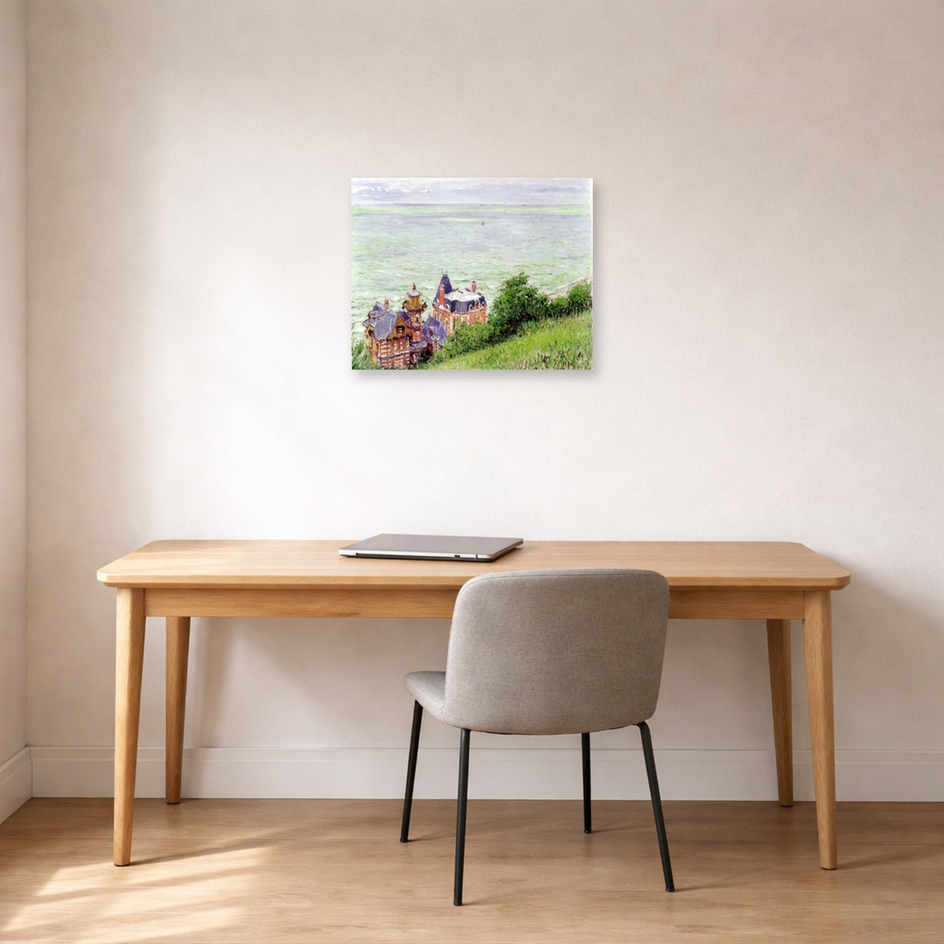 Unframed poster print of Gustave Caillebotte's Villas à Trouville displayed on a wall in a office