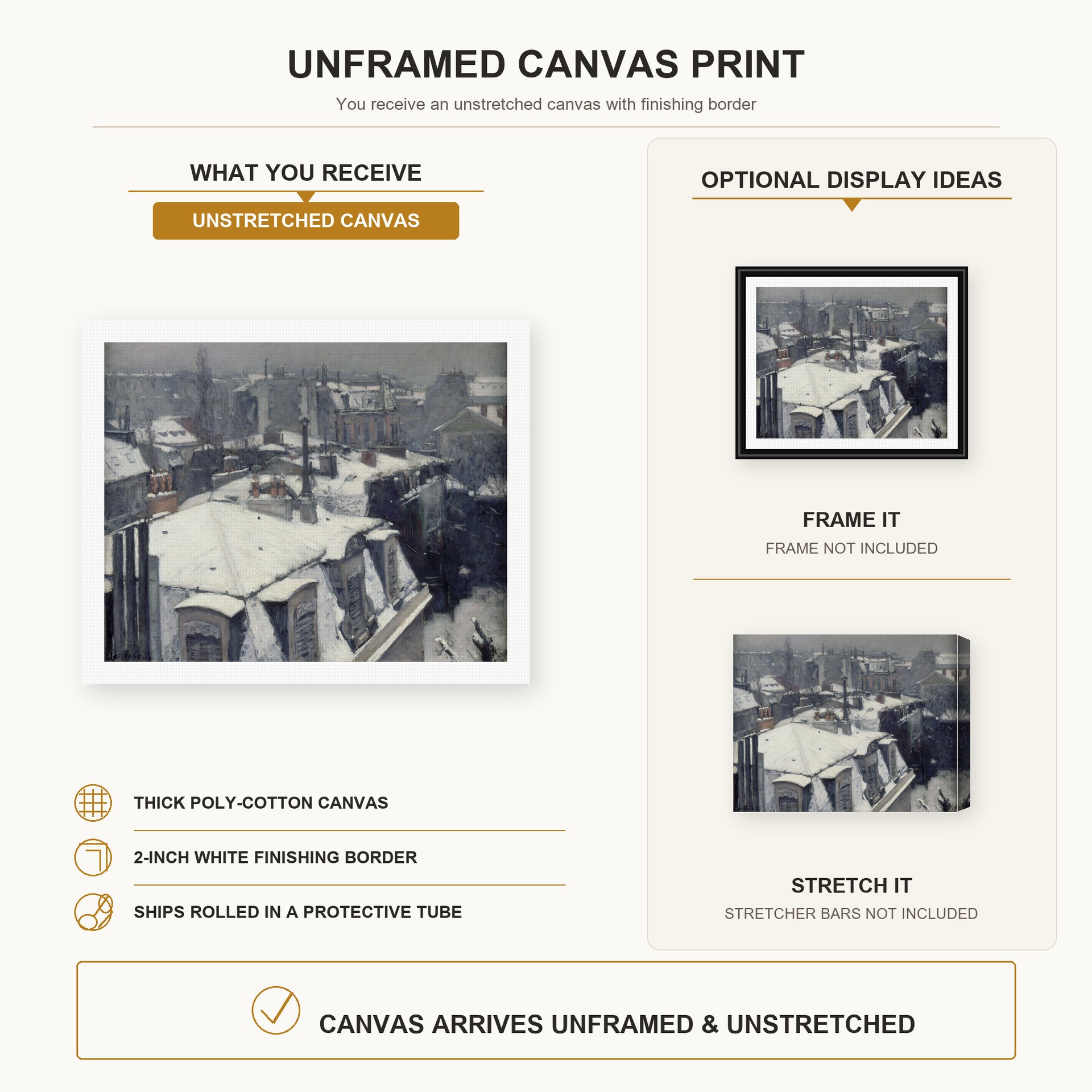 Gustave Caillebotte - Vue de toits (Effet de neige) canvas print size comparison and framing display infographic
