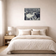 Gallery-wrapped canvas print of Gustave Caillebotte's Vue de toits (Effet de neige) displayed on a wall in a bedroom