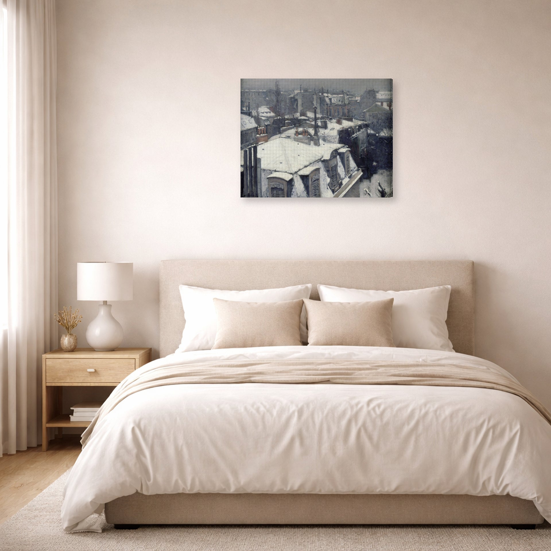 Gallery-wrapped canvas print of Gustave Caillebotte's Vue de toits (Effet de neige) displayed on a wall in a bedroom