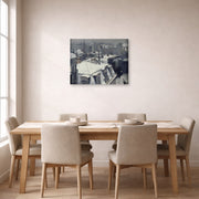Gallery-wrapped canvas print of Gustave Caillebotte's Vue de toits (Effet de neige) displayed on a wall in a dining