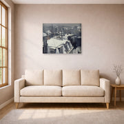 Gallery-wrapped canvas print of Gustave Caillebotte's Vue de toits (Effet de neige) displayed on a wall in a living room