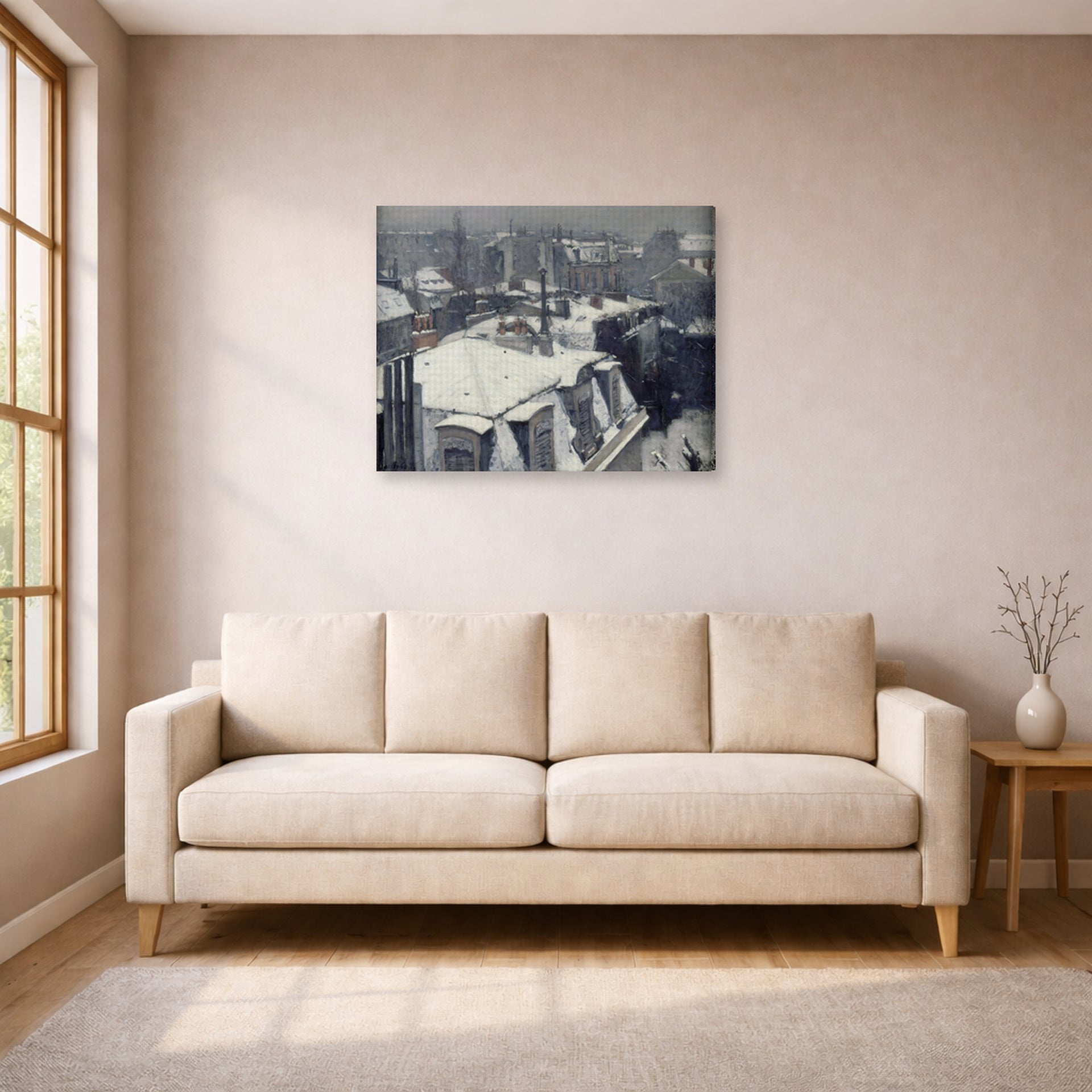 Gallery-wrapped canvas print of Gustave Caillebotte's Vue de toits (Effet de neige) displayed on a wall in a living room