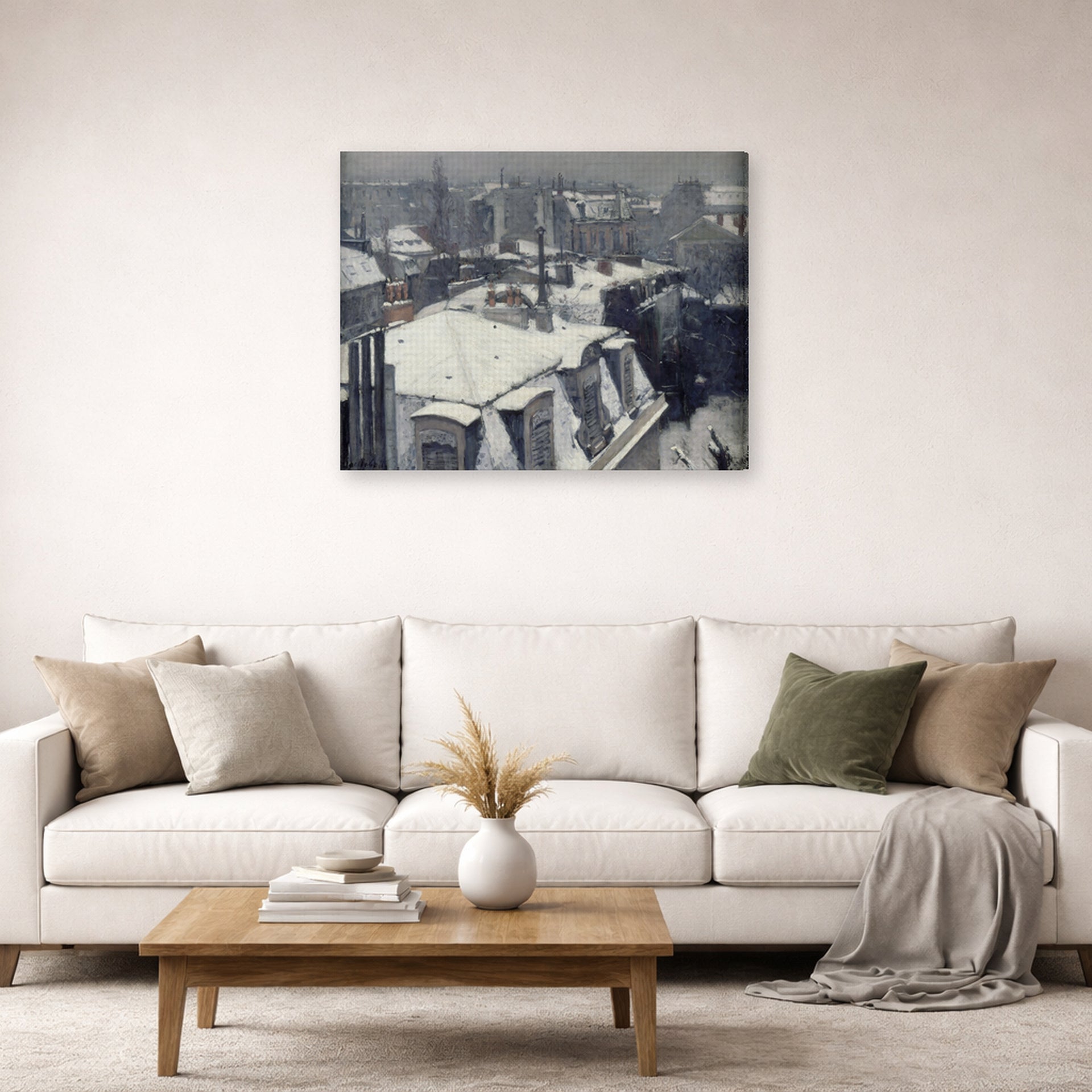 Gallery-wrapped canvas print of Gustave Caillebotte's Vue de toits (Effet de neige) displayed on a wall in a living room