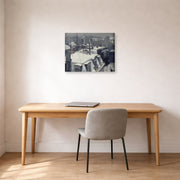 Gallery-wrapped canvas print of Gustave Caillebotte's Vue de toits (Effet de neige) displayed on a wall in a office