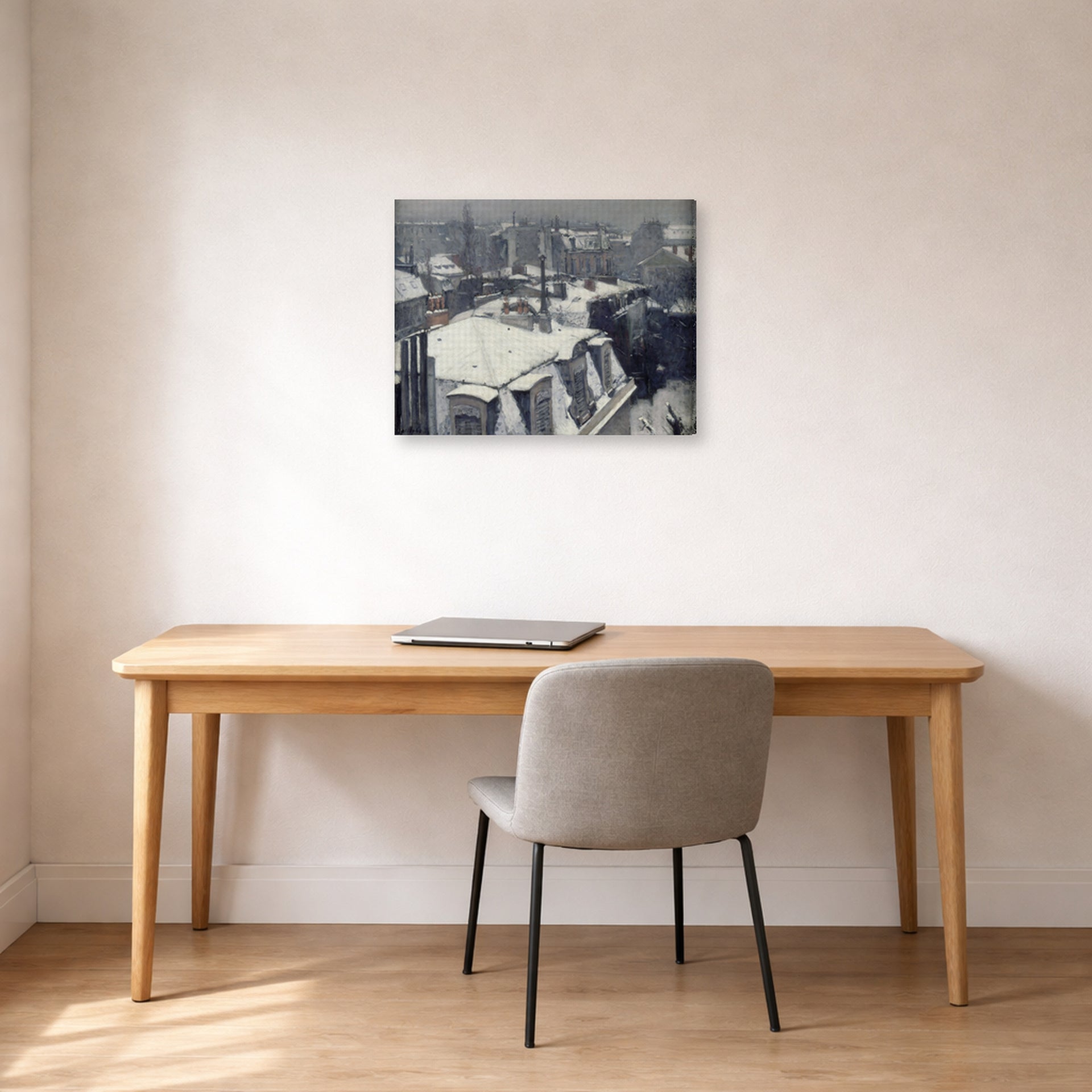 Gallery-wrapped canvas print of Gustave Caillebotte's Vue de toits (Effet de neige) displayed on a wall in a office