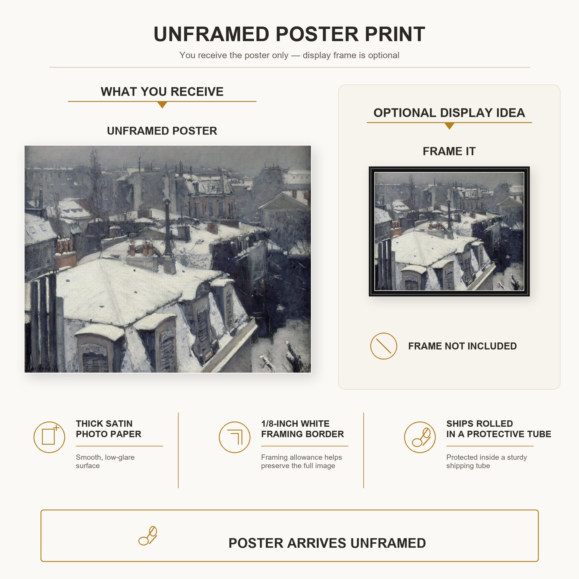 Gustave Caillebotte - Vue de toits (Effet de neige) poster print size comparison and framing display infographic