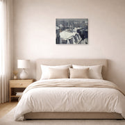 Unframed poster print of Gustave Caillebotte's Vue de toits (Effet de neige) displayed on a wall in a bedroom
