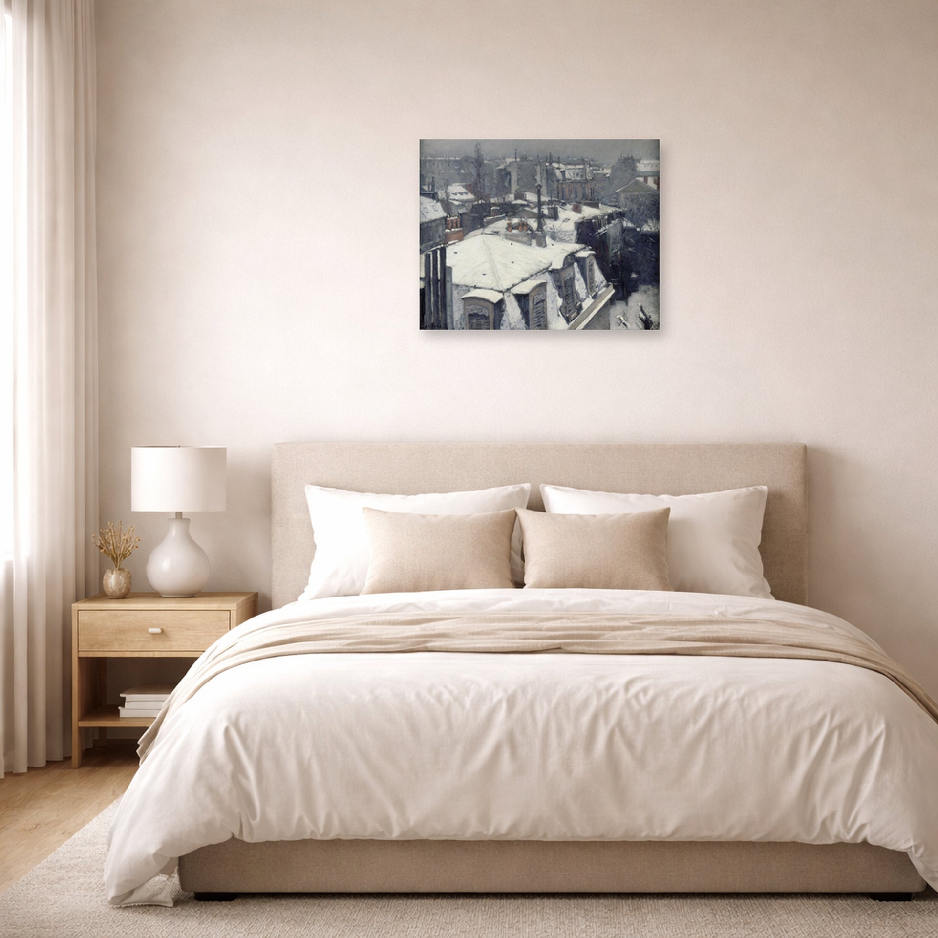 Unframed poster print of Gustave Caillebotte's Vue de toits (Effet de neige) displayed on a wall in a bedroom