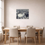 Unframed poster print of Gustave Caillebotte's Vue de toits (Effet de neige) displayed on a wall in a dining