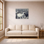 Unframed poster print of Gustave Caillebotte's Vue de toits (Effet de neige) displayed on a wall in a living room