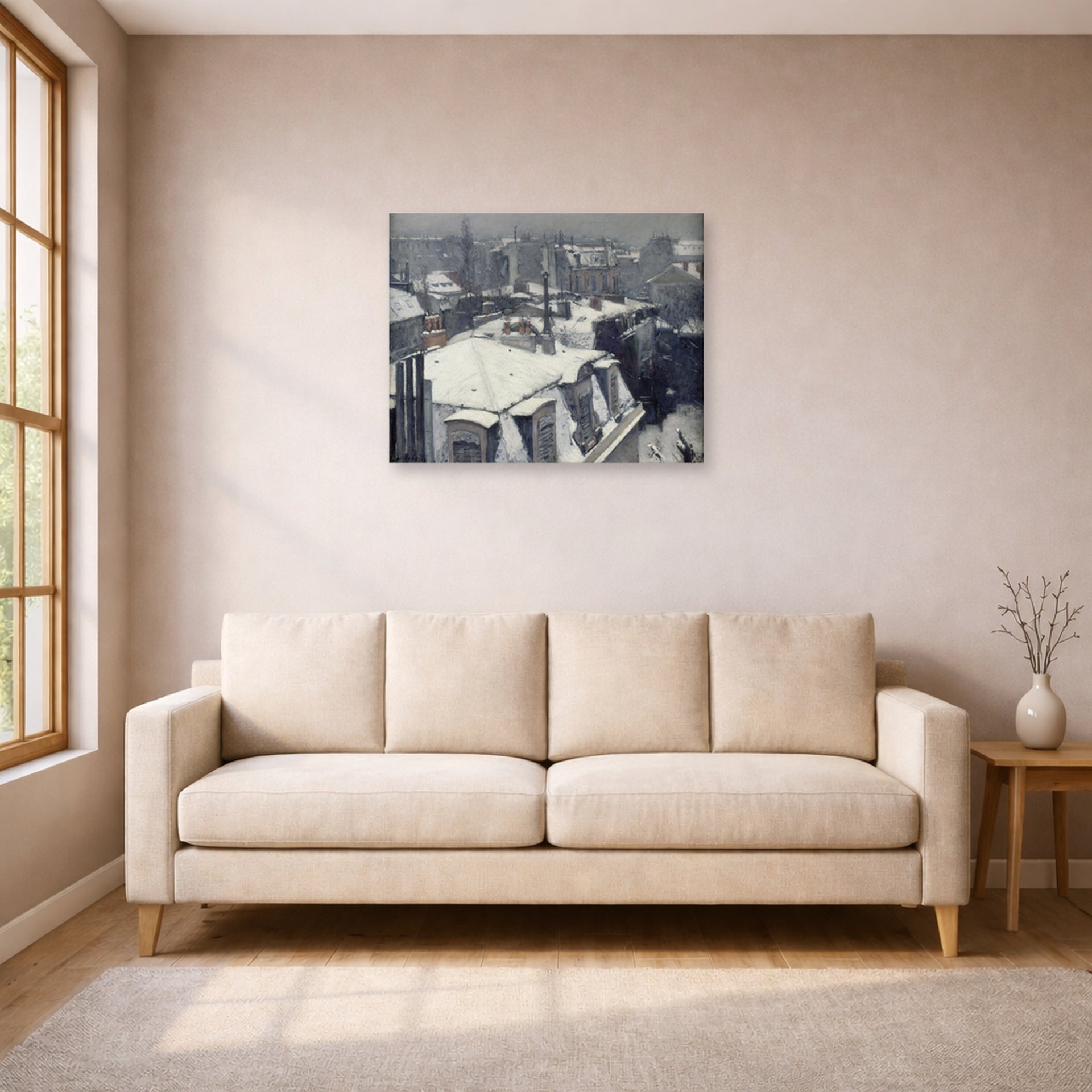 Unframed poster print of Gustave Caillebotte's Vue de toits (Effet de neige) displayed on a wall in a living room
