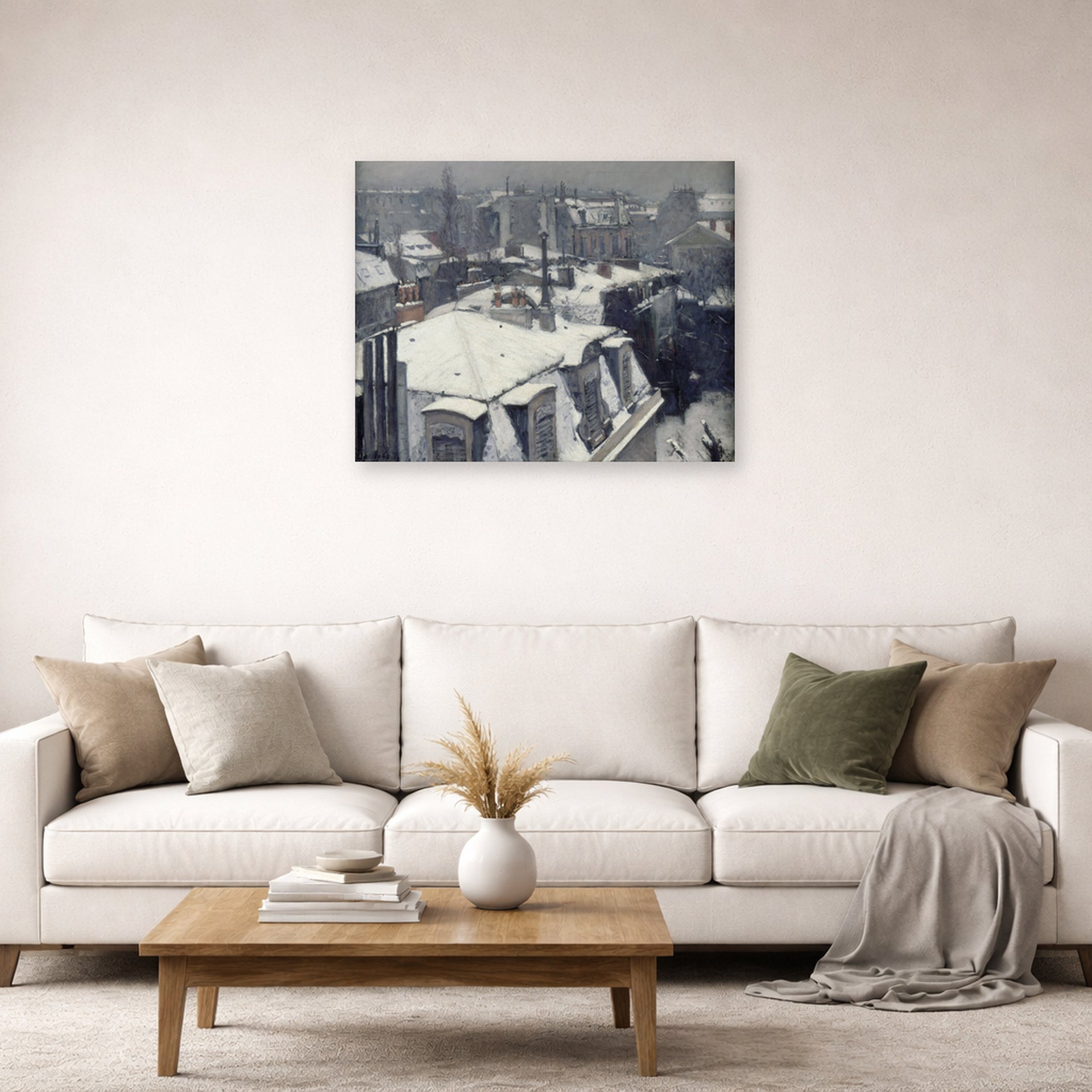 Unframed poster print of Gustave Caillebotte's Vue de toits (Effet de neige) displayed on a wall in a living room