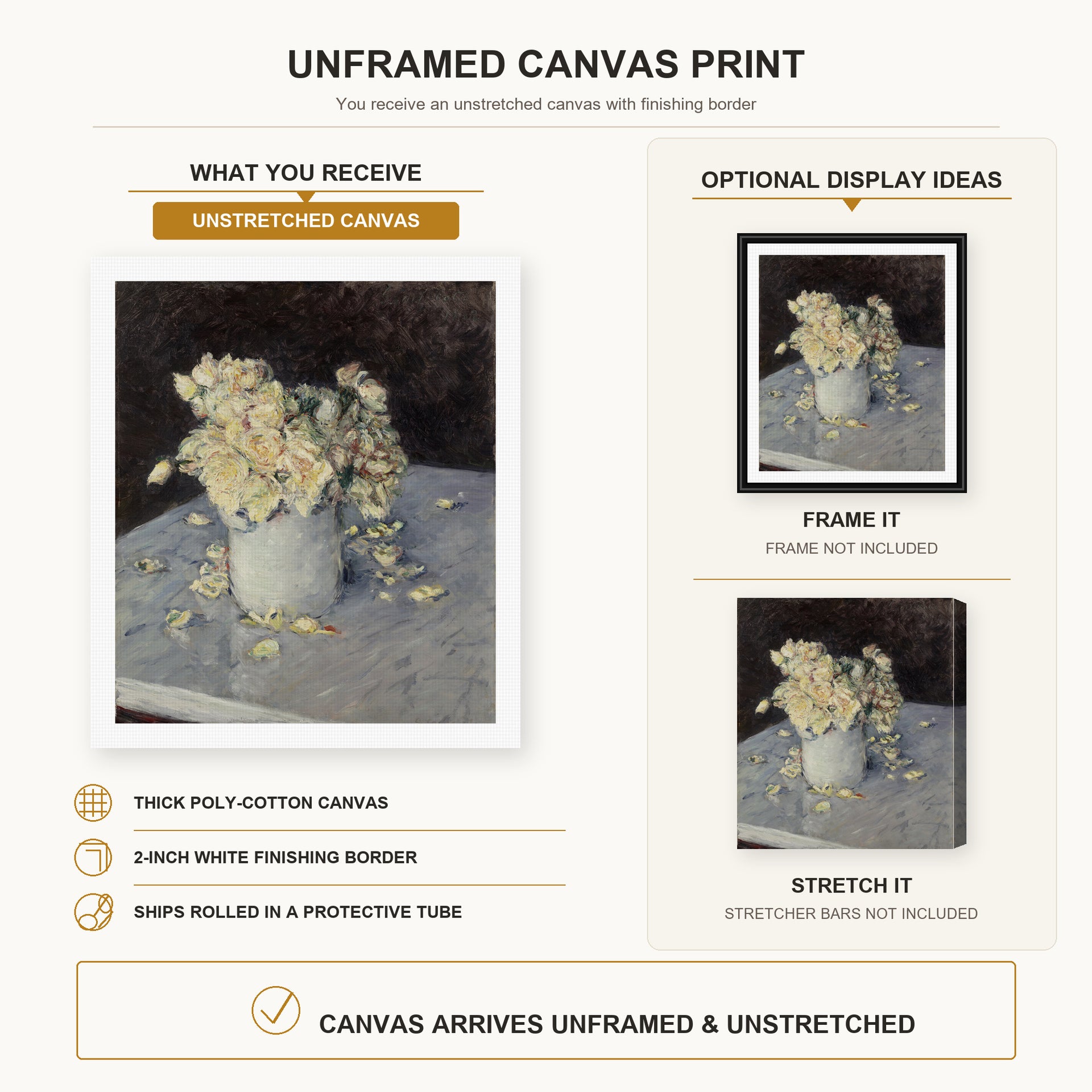Gustave Caillebotte - Yellow Roses in a Vase canvas print size comparison and framing display infographic