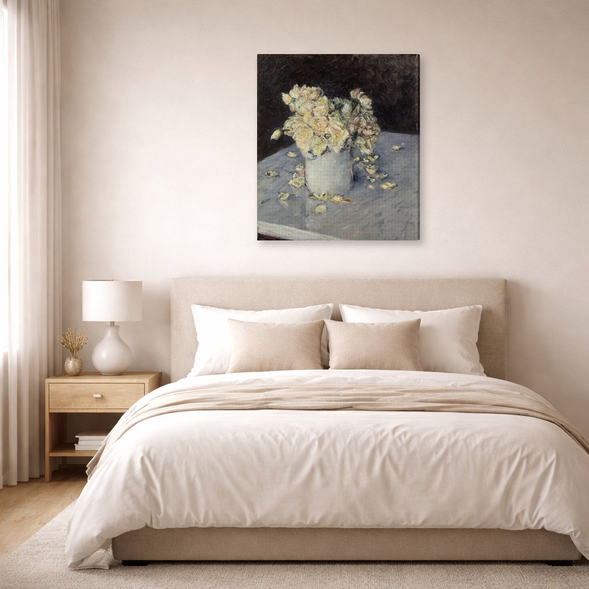 Gallery-wrapped canvas print of Gustave Caillebotte's Yellow Roses in a Vase displayed on a wall in a bedroom