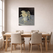 Gallery-wrapped canvas print of Gustave Caillebotte's Yellow Roses in a Vase displayed on a wall in a dining