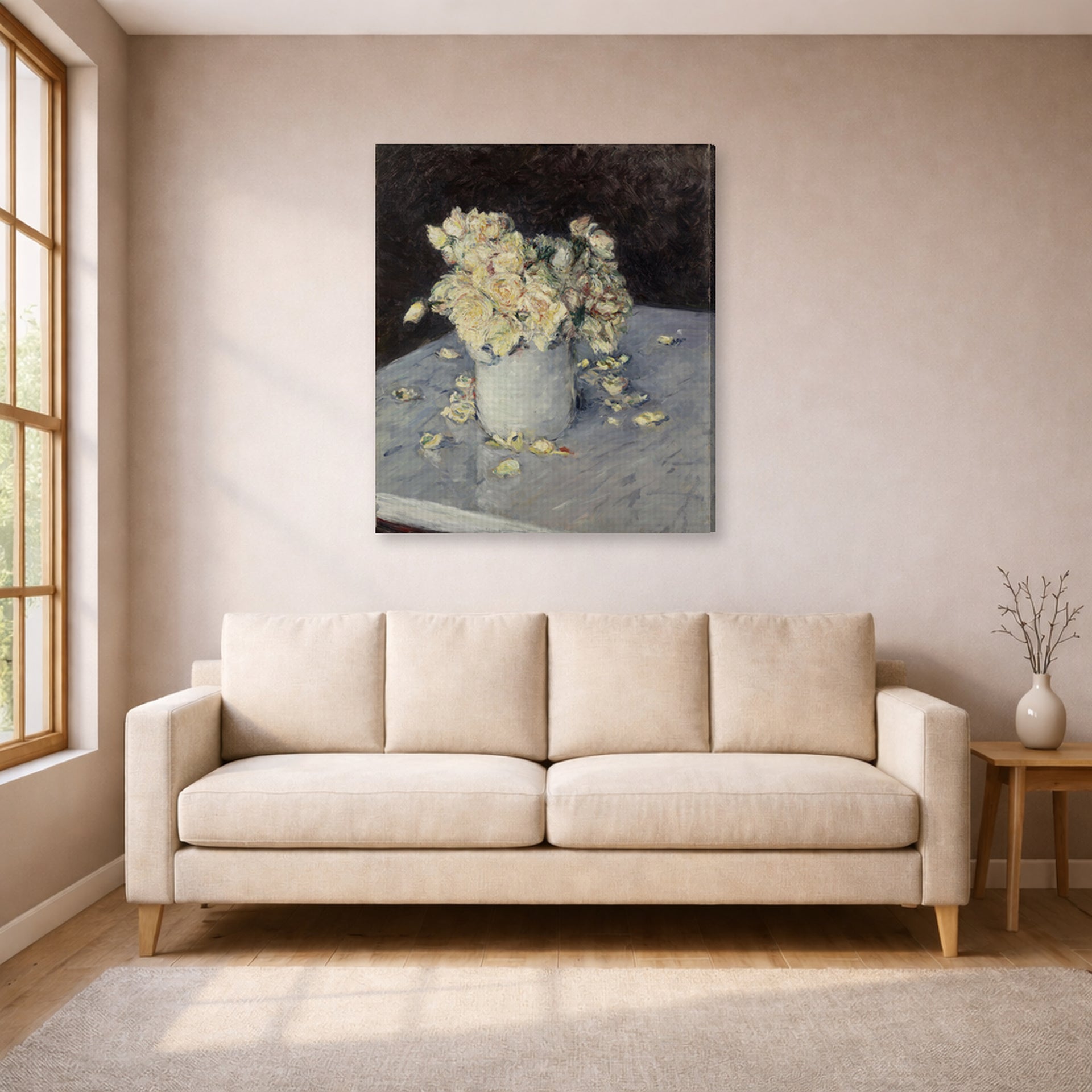 Gallery-wrapped canvas print of Gustave Caillebotte's Yellow Roses in a Vase displayed on a wall in a living room