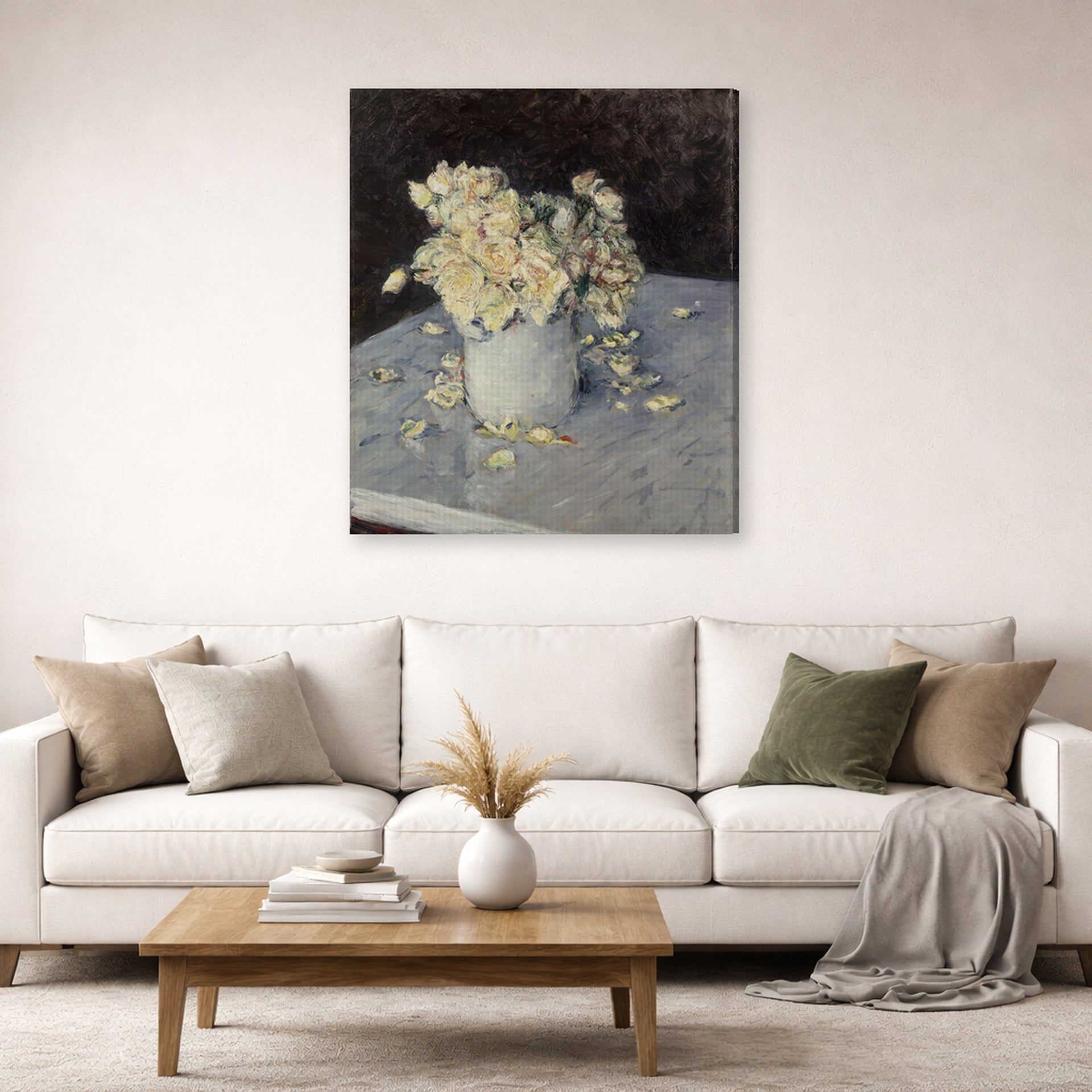Gallery-wrapped canvas print of Gustave Caillebotte's Yellow Roses in a Vase displayed on a wall in a living room