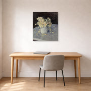 Gallery-wrapped canvas print of Gustave Caillebotte's Yellow Roses in a Vase displayed on a wall in a office