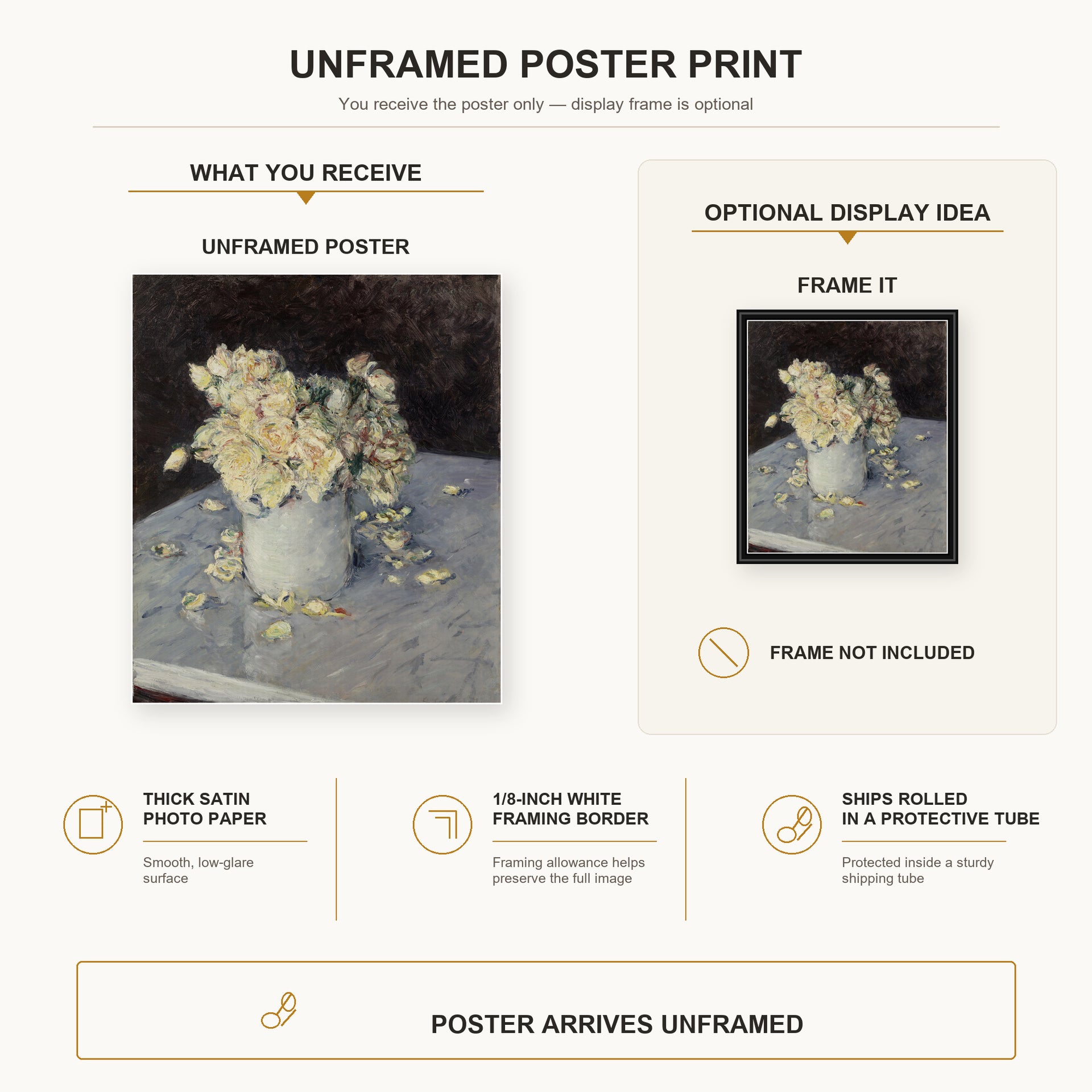 Gustave Caillebotte - Yellow Roses in a Vase poster print size comparison and framing display infographic