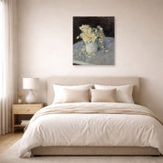 Unframed poster print of Gustave Caillebotte's Yellow Roses in a Vase displayed on a wall in a bedroom