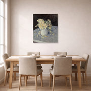 Unframed poster print of Gustave Caillebotte's Yellow Roses in a Vase displayed on a wall in a dining