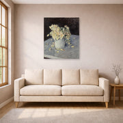 Unframed poster print of Gustave Caillebotte's Yellow Roses in a Vase displayed on a wall in a living room