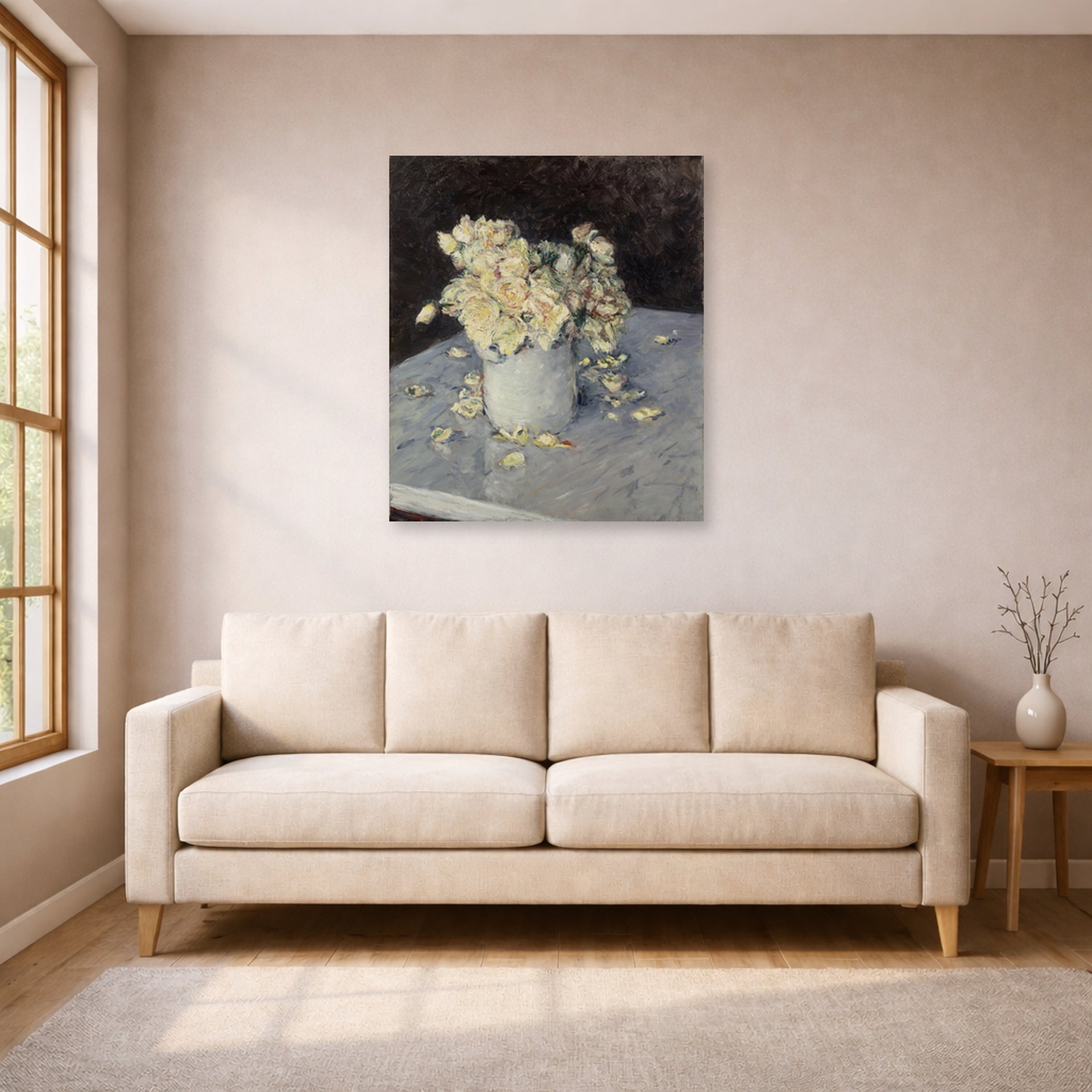 Unframed poster print of Gustave Caillebotte's Yellow Roses in a Vase displayed on a wall in a living room
