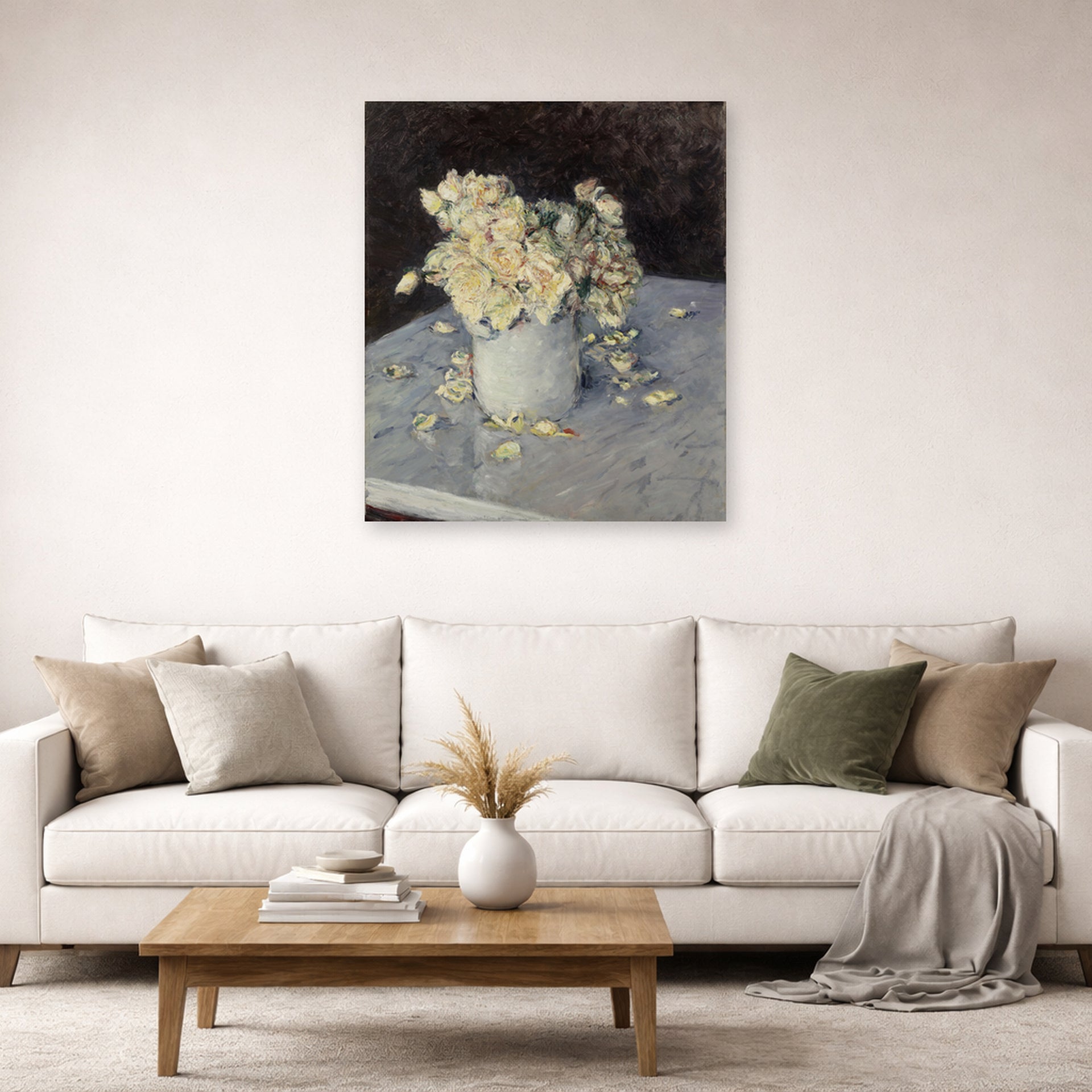 Unframed poster print of Gustave Caillebotte's Yellow Roses in a Vase displayed on a wall in a living room