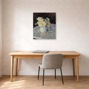 Unframed poster print of Gustave Caillebotte's Yellow Roses in a Vase displayed on a wall in a office