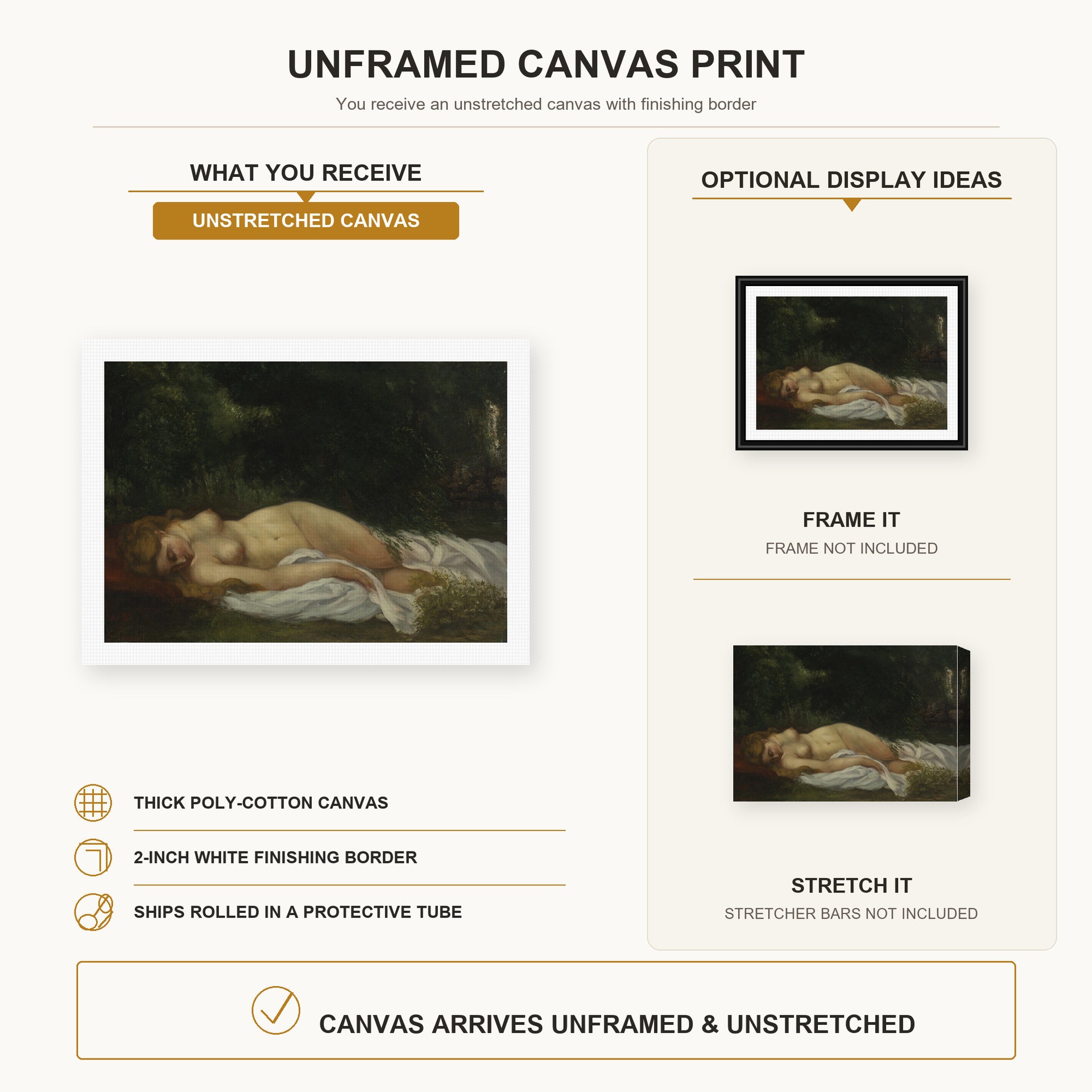 Gustave Courbet - Nu Couche canvas print size comparison and framing display infographic