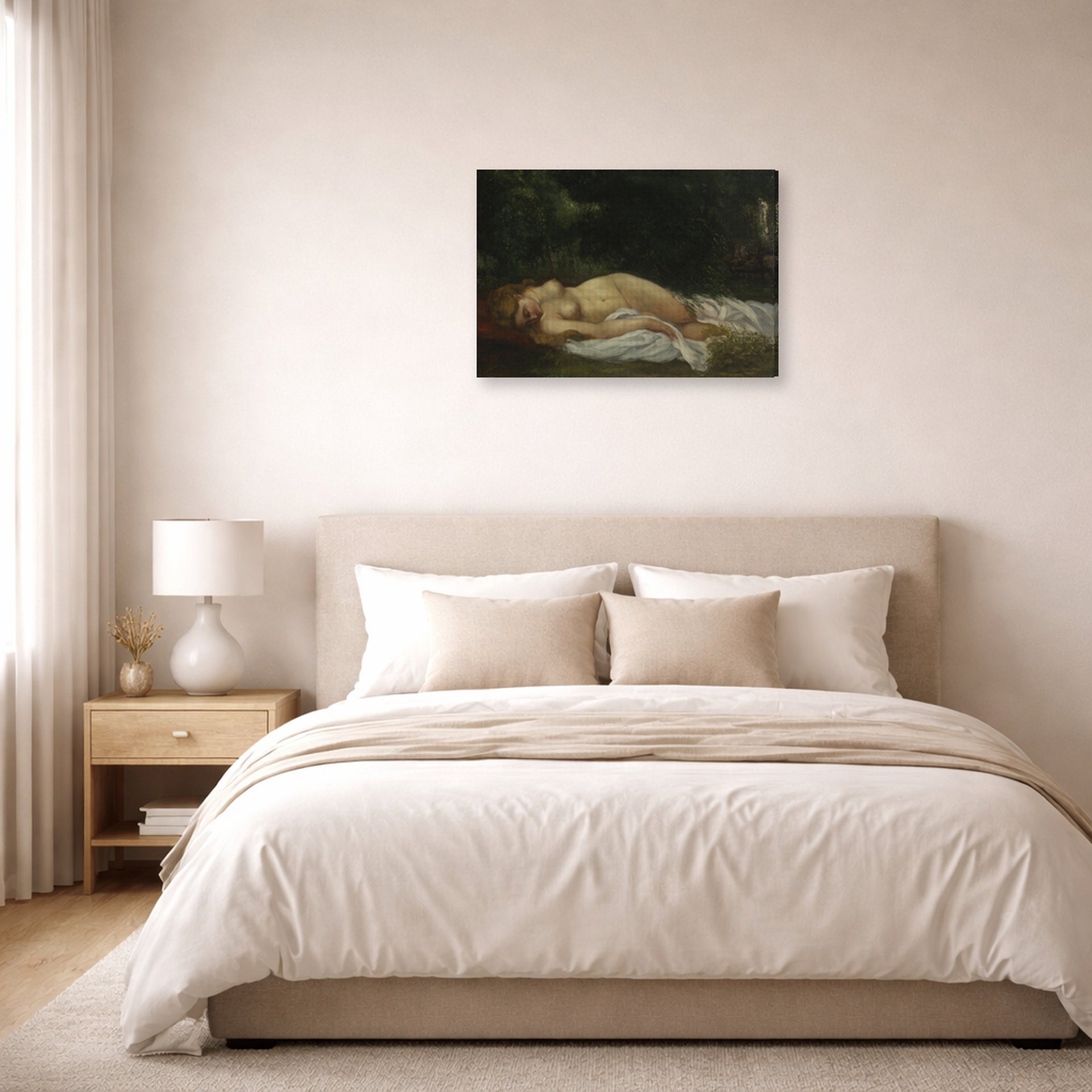 Gallery-wrapped canvas print of Gustave Courbet's Nu Couche displayed on a wall in a bedroom